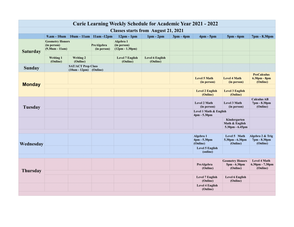 Calendar Curie Learning